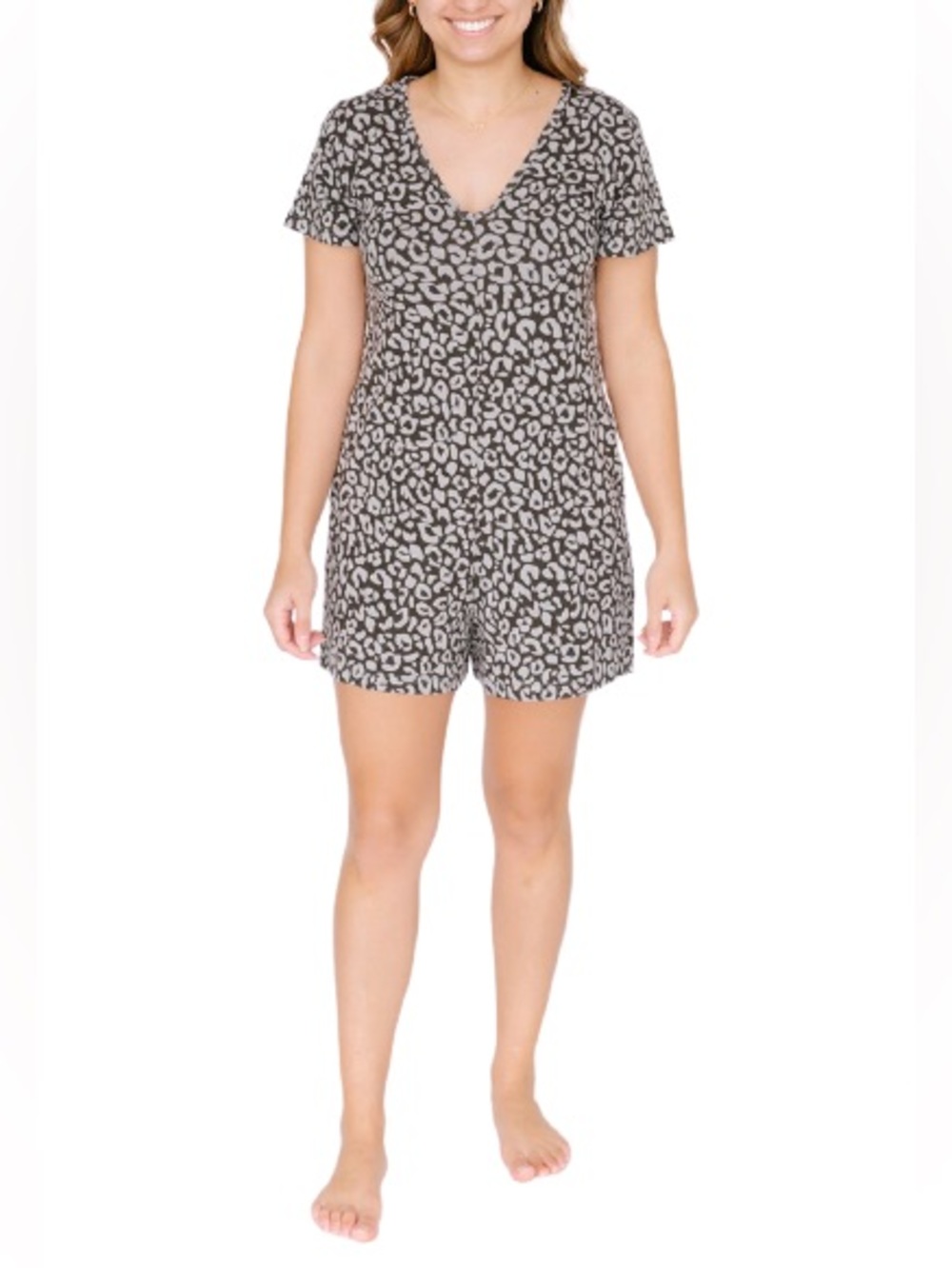 Smash + Tess The Sunday Shorty Romper Lola Grey Leopard